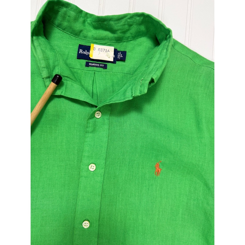 Ralph Lauren Linen Button Up Shirt Mens L Green Classic Fit Short Sleeve Resort - Picture 7 of 10